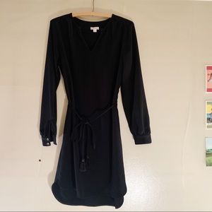 Long sleeve black dress with tassel tie